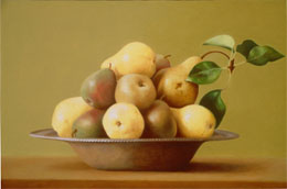 still life oil painting "pears in a bowl" by leah kristin dahlgren